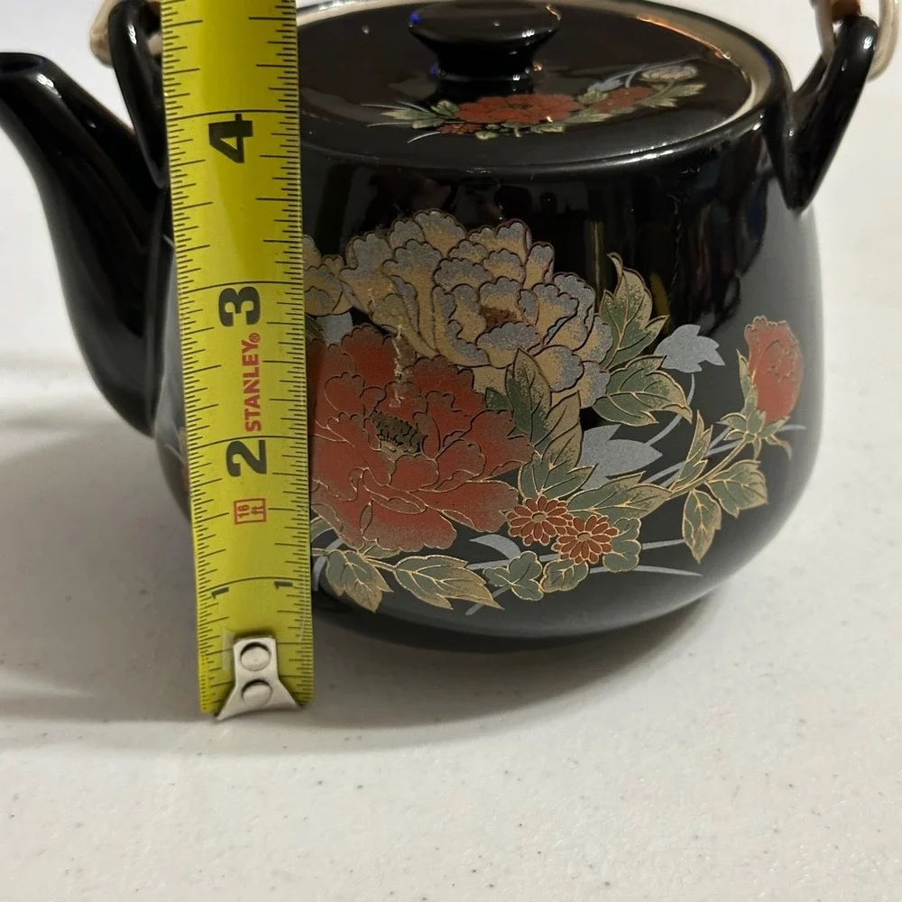 Japan Floral Peony Ceramic Teapot with Rattan Handle Black Vintage 4in